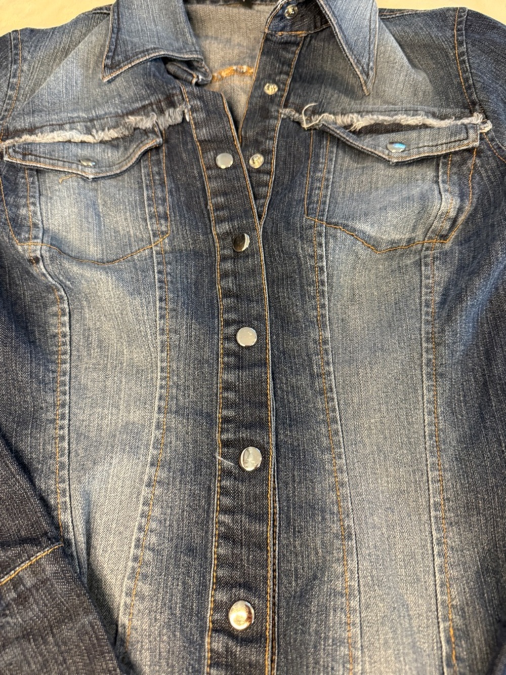 Bebe Vintage Y2K Fitted Frayed Denim Snap Front Shirt USA - Picture 4 of 9